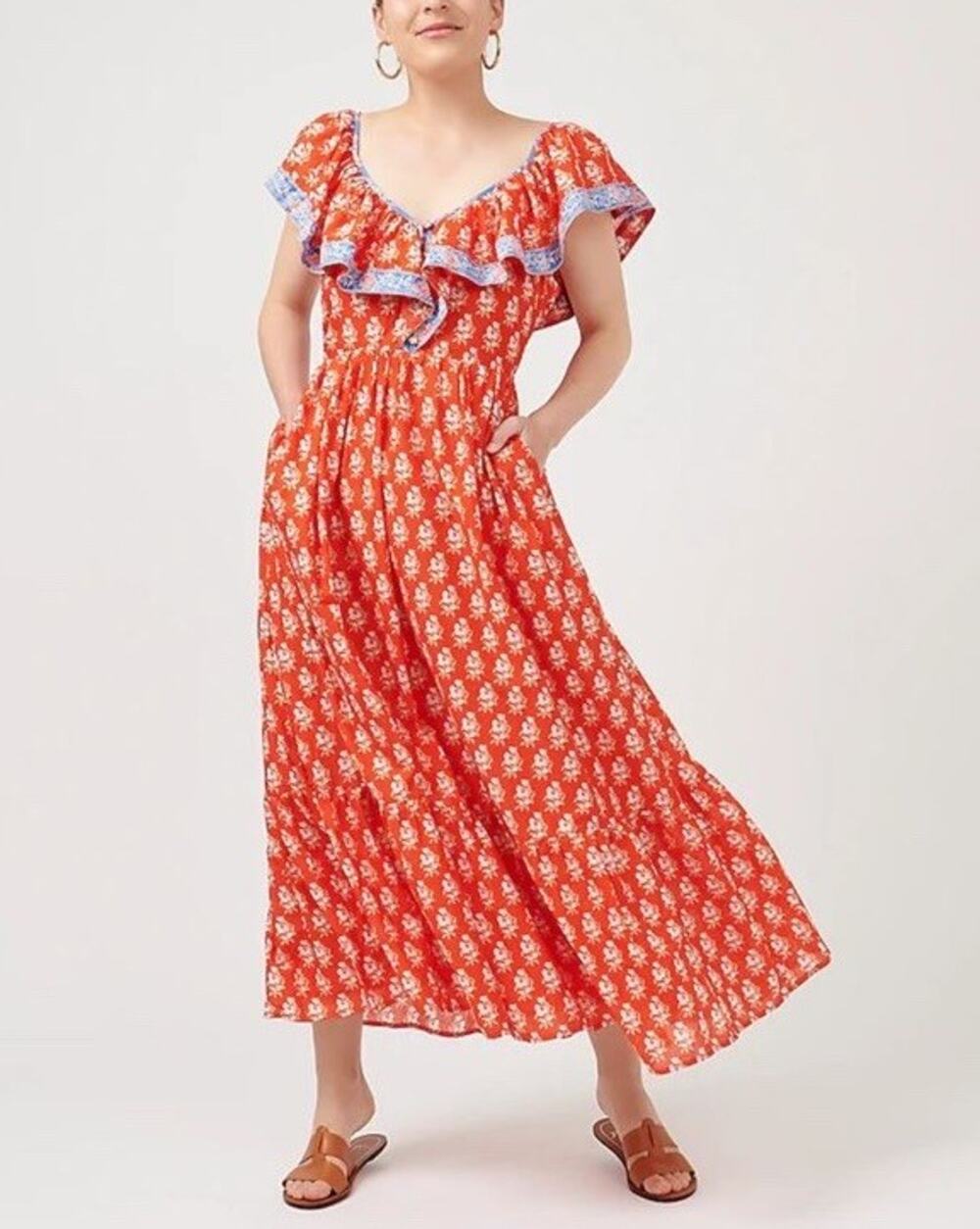 J.Crew Flutter V-Neck Floral Block Print Cotton Maxi Dress Size 4 Orange
